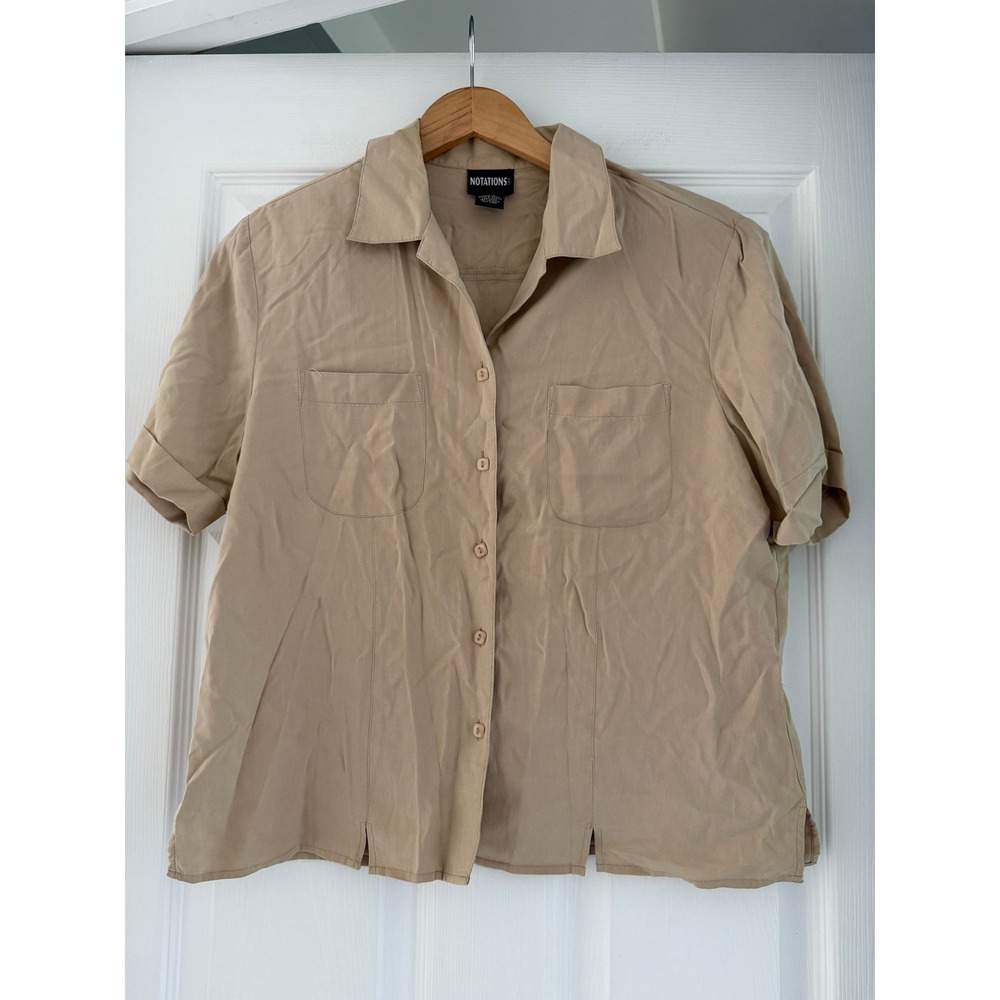 Vintage Womens Silk Neutral Short Sleeve Button Down 90s Butter Mom